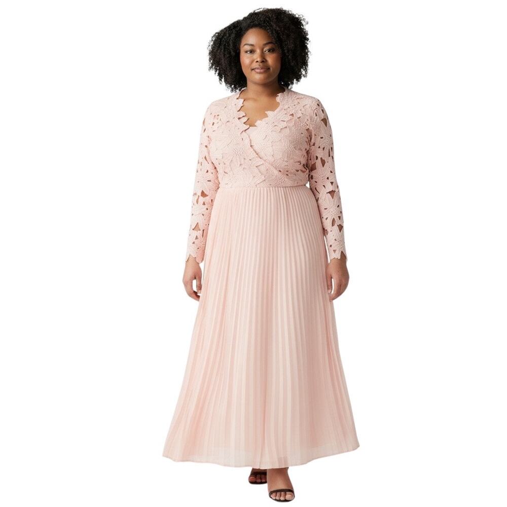 Eloquii NWT Pink V-Neck Lace bodice Gown with Pleated Skirt-size 22
